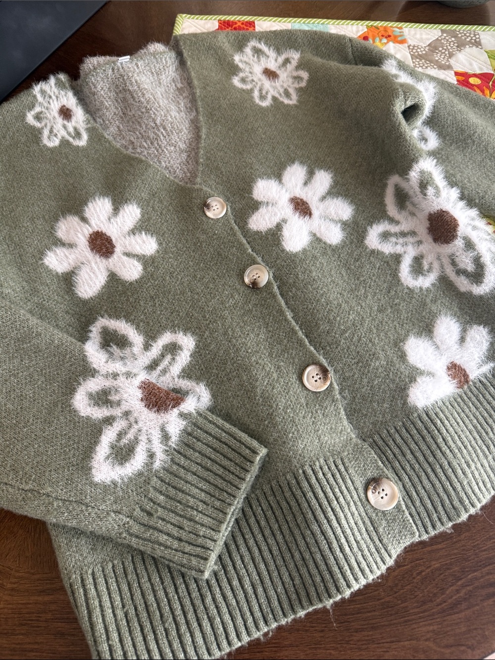 Green Floral Button-Up Women's Sweater Cardigan - Picture 8 of 9